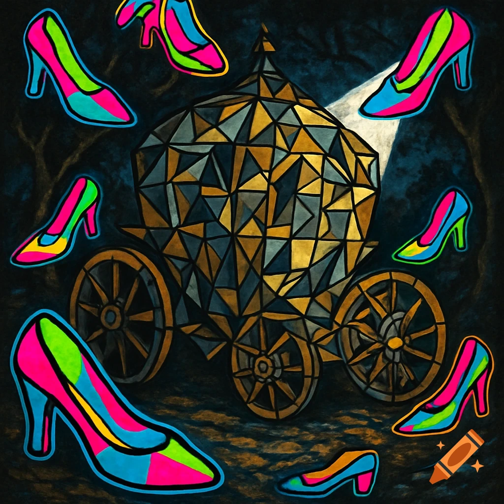 A cubist-style carriage in a dark, baroque forest, illuminated by a spotlight, surrounded by vibrant pop art high heels.