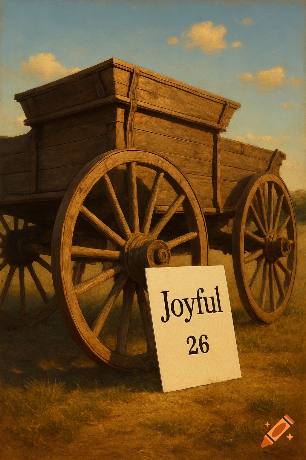 A wooden wagon with spoked wheels in a grassy field under a blue sky. A white sign against a wheel reads 'Joyful 26'.