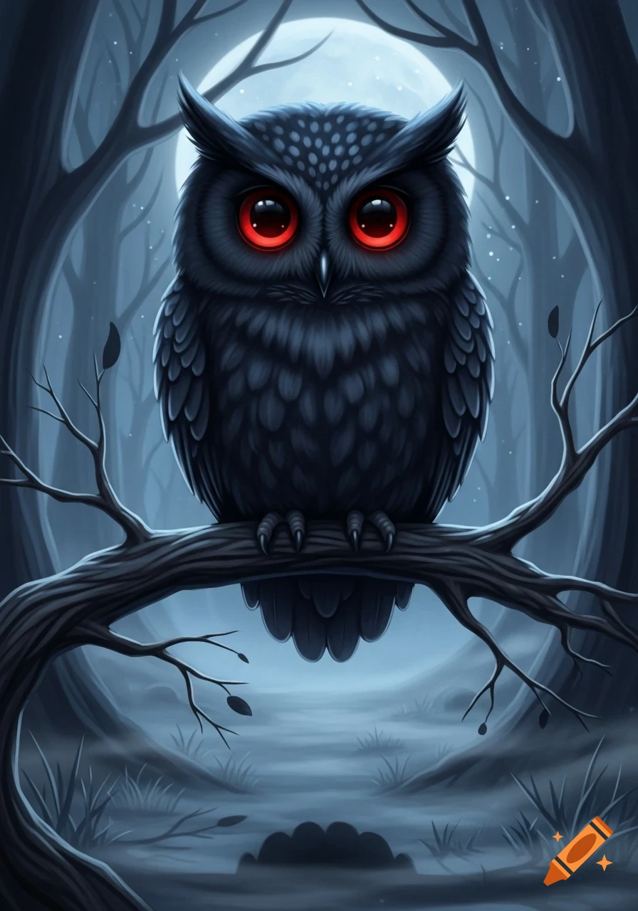 A stylized black owl with glowing red eyes perches on a bare branch in a dark, moonlit forest, with a full moon behind it.