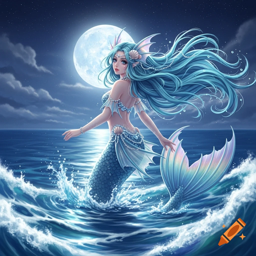 A blue-haired mermaid with a shimmering tail rises from moonlit ocean waves at night.