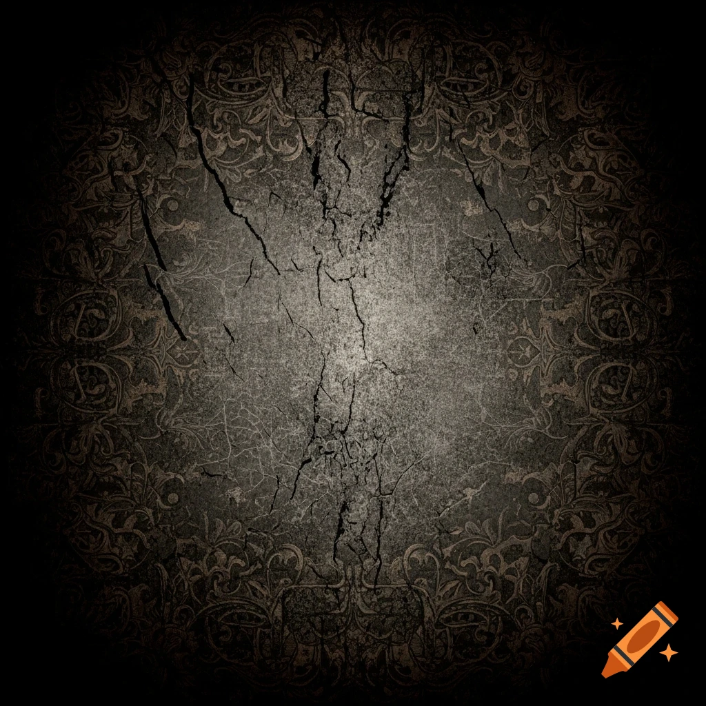 Dark, grungy background with distressed patterns, cracks, and subtle ornamental details in a Lovecraftian horror style.