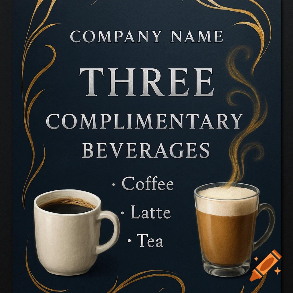 A dark blue promotional card featuring gold swirls, silver text for 'COMPANY NAME' and 'THREE COMPLIMENTARY BEVERAGES', and images of coffee and a latte.