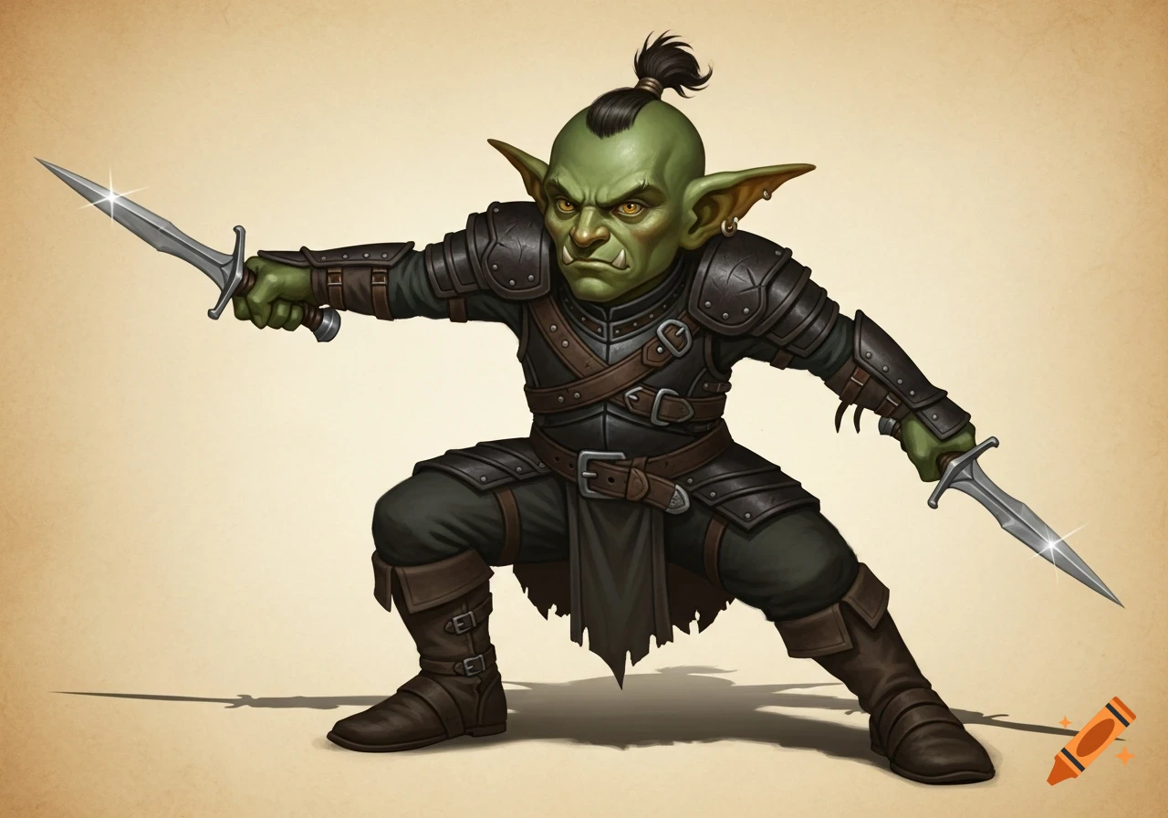 A green goblin in dark leather armor, holding two daggers in a crouched stance, with a top-knot and pointed ears, in a painterly fantasy style.