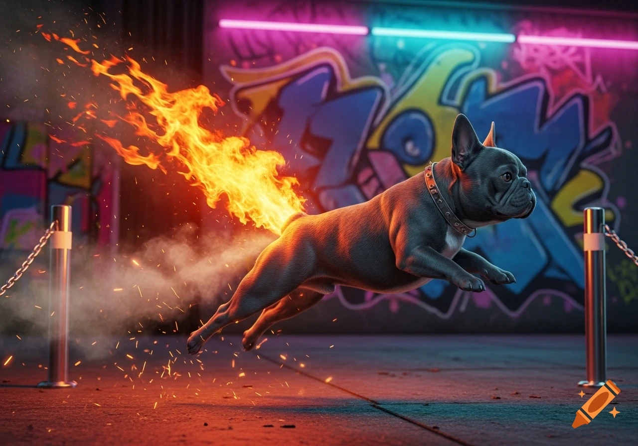 A grey French bulldog with a studded collar flies horizontally, propelled by large flames from its rear, in front of a neon-lit graffiti wall.