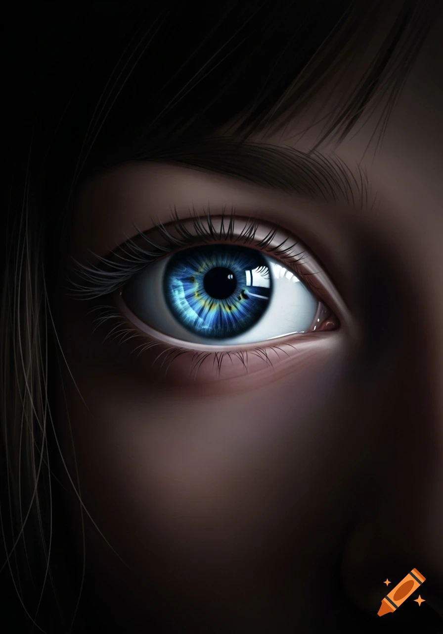 Close-up of a vibrant blue eye with detailed eyelashes and skin, set against a dark background.