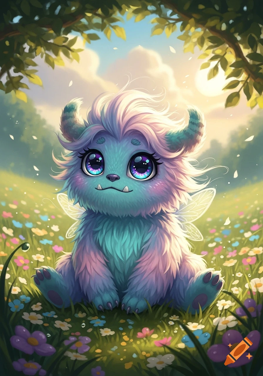 A fluffy, cute monster with blue and pink fur, large sparkly eyes, horns, and tiny wings, sits in a vibrant field of colorful flowers under a sunny sky.