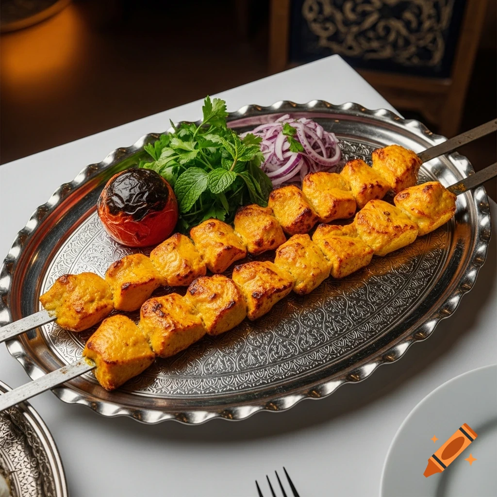 Two skewers of golden chicken kebabs on an ornate silver platter with a roasted tomato, fresh herbs, and sliced red onions, in a restaurant setting.