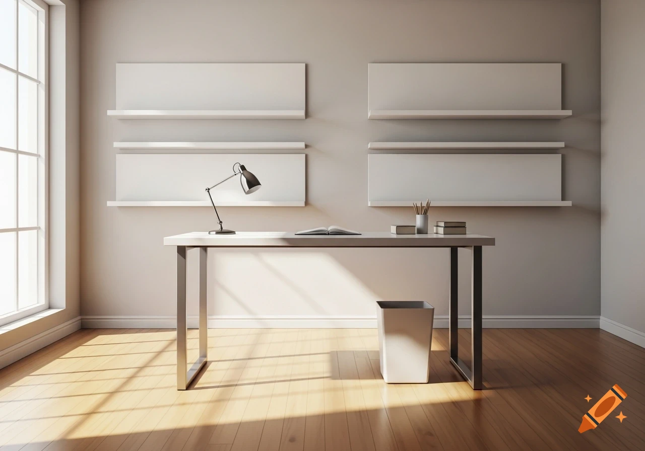 A minimalist home office with a white desk, lamp, book, and trash can, under four empty wall shelves. Sunlight streams onto a wooden floor.