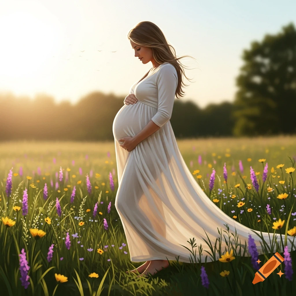 A pregnant woman in a flowing white dress gently cradles her belly, standing barefoot in a sunlit field of purple and yellow wildflowers.