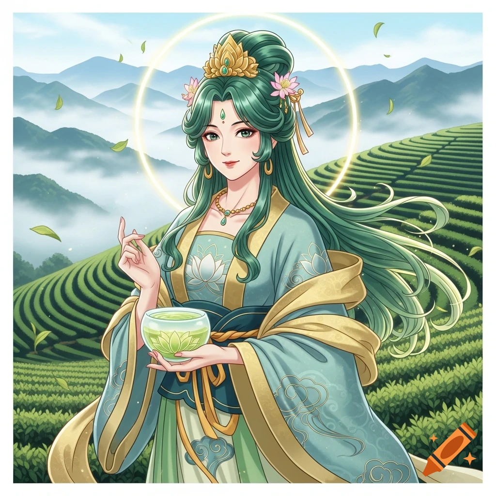 Anime goddess with jade-green hair in an elegant robe, holding green tea in terraced tea fields with mountains.