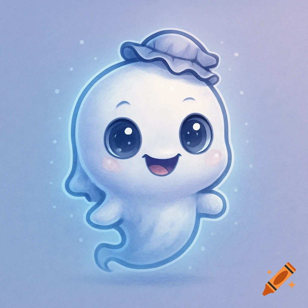 A cute, smiling chibi ghost with big eyes, pink cheeks, and a small ruffle on its head, glowing softly on a light blue background.
