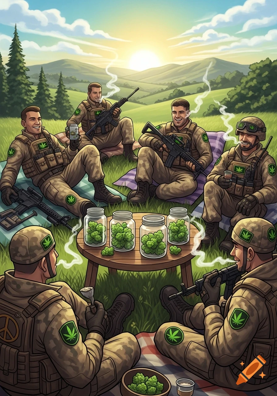 Cartoon military personnel in tactical gear enjoying a picnic outdoors with jars of marijuana and smoke rising.