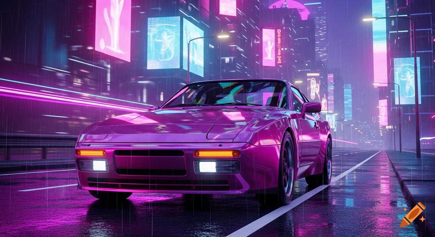A vibrant magenta Porsche 944 drives down a rainy city street at night, illuminated by neon pink and blue lights in a cyberpunk style.