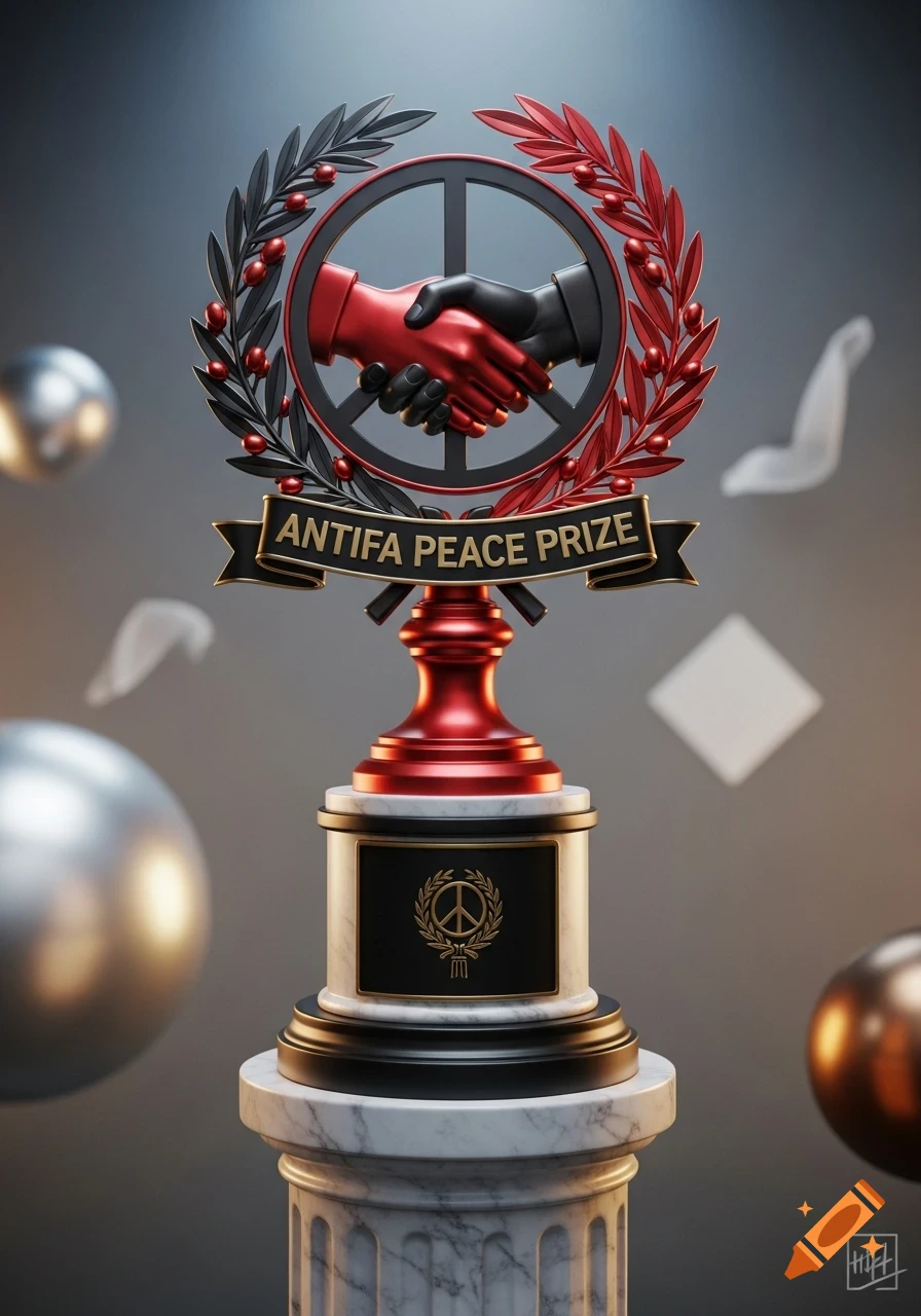 A 3D render of a stylized 'Antifa Peace Prize' trophy featuring shaking hands, a peace sign, and laurel wreaths on a marble pedestal.