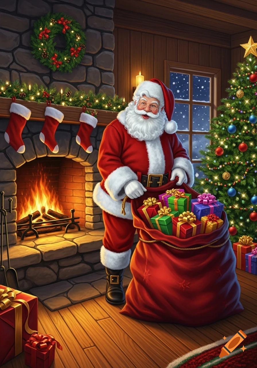 Santa Claus stands by a warm fireplace and a decorated Christmas tree, holding a red sack full of colorful gifts.