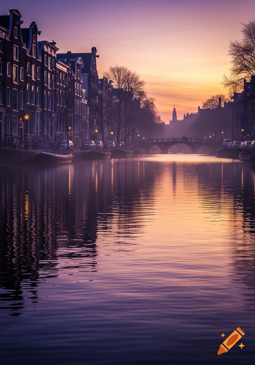 Photorealistic Amsterdam canal at sunset with historical buildings and a bridge reflected in the purple and orange water.