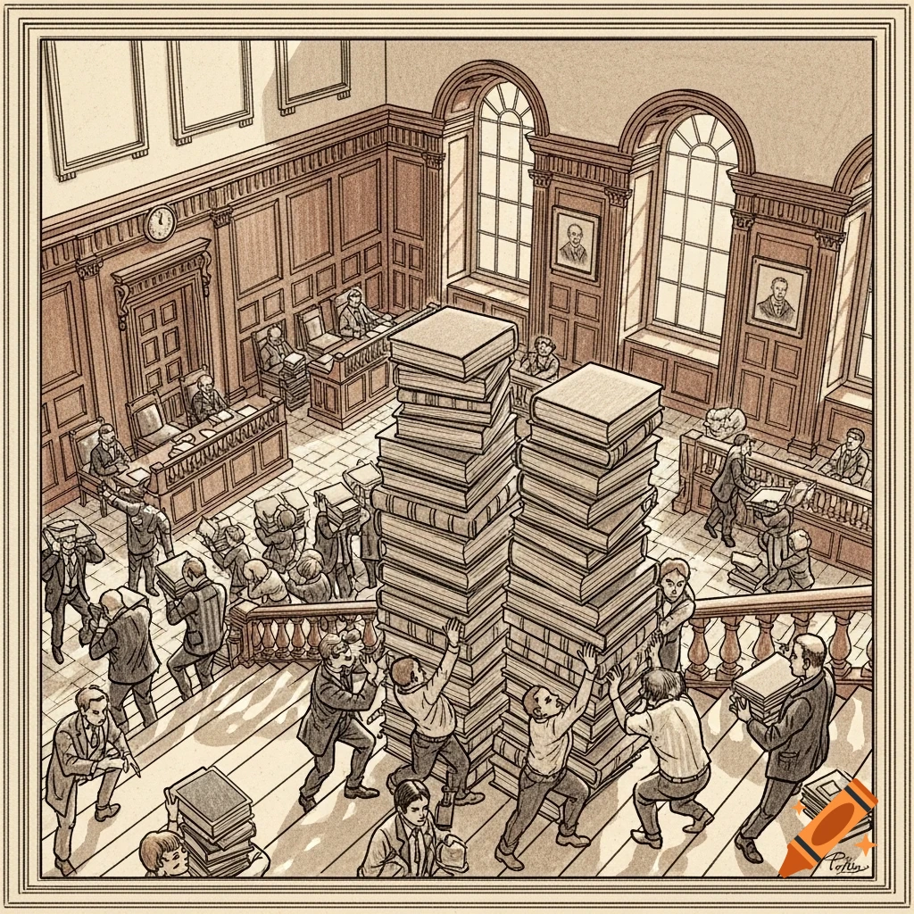 Detailed sepia-toned illustration of people carrying tall stacks of books up stairs in a grand wood-paneled courtroom.