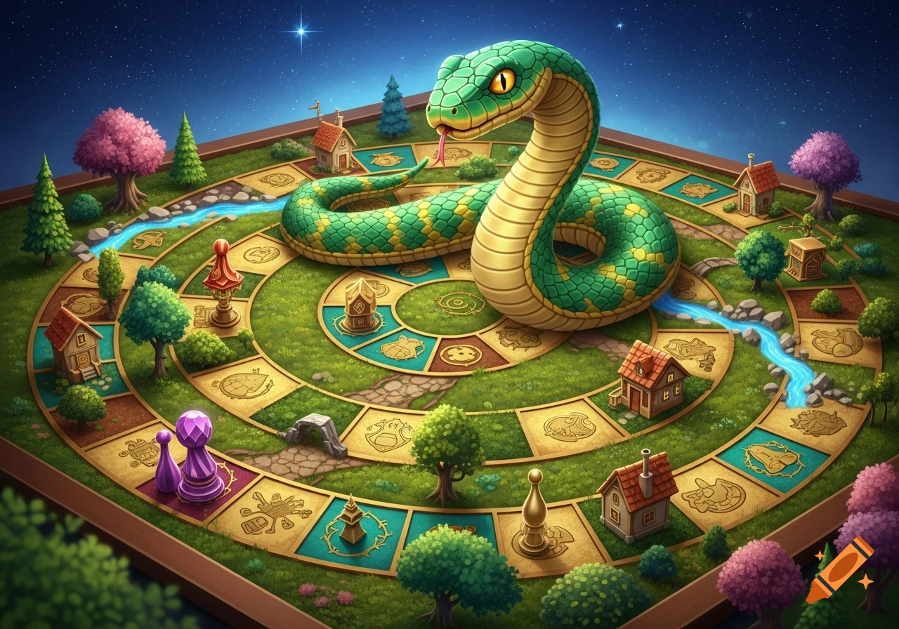 A whimsical board game with a large green snake, small houses, trees, and game pieces on pathways under a starry night sky.