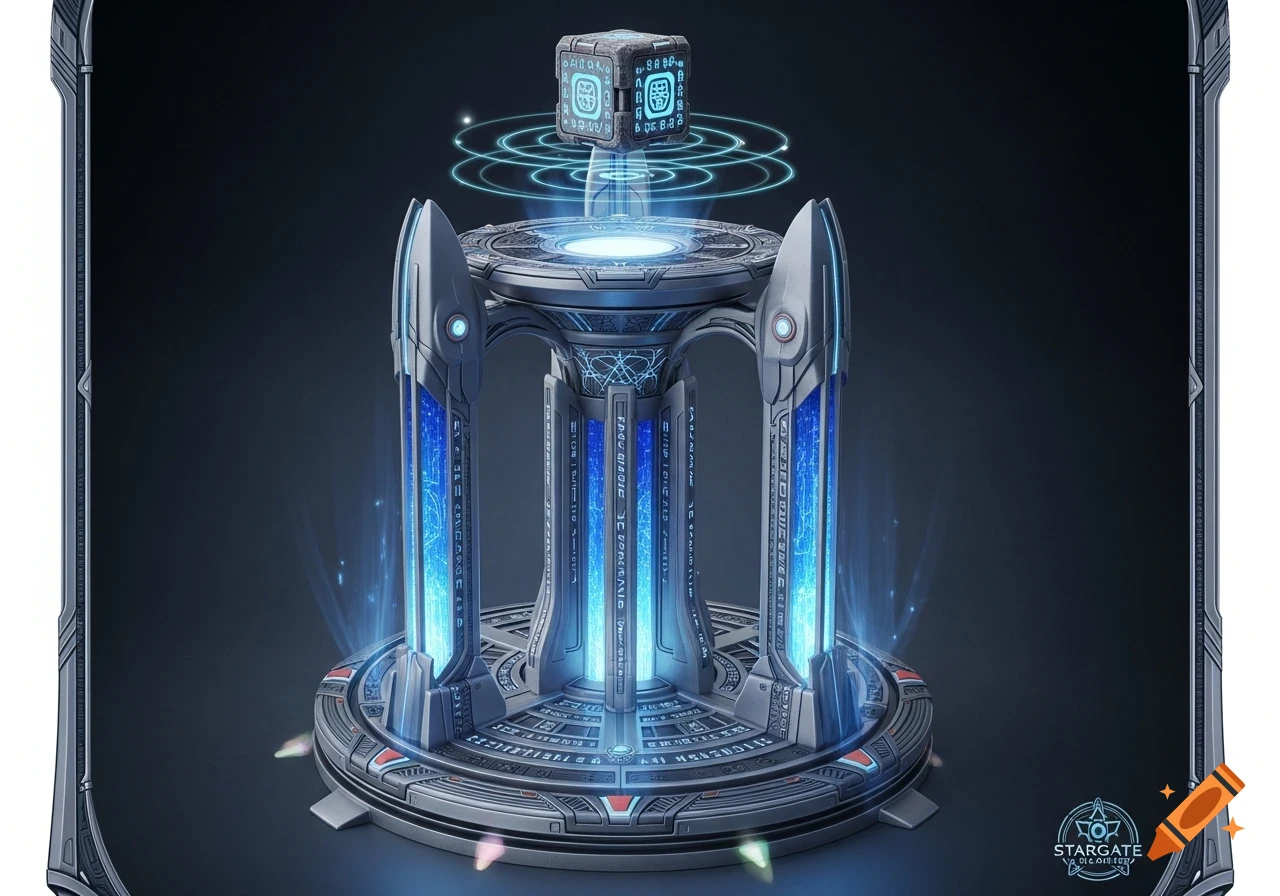 A highly detailed futuristic pedestal stand with blue glowing crystalline structures and etched runes, displaying a small cube-shaped ancient artifact.