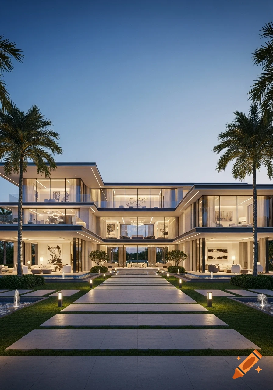 Photorealistic modern luxury mansion at dusk with illuminated pathway, water features, and palm trees.