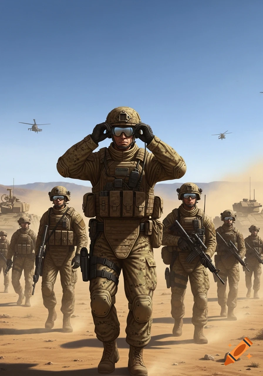 A group of soldiers in desert camouflage gear and goggles, with military vehicles and helicopters in the sandy background.