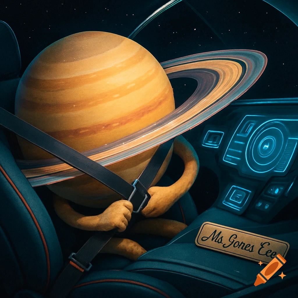 Cartoon Saturn, with its rings, buckled up in the driver's seat of a futuristic space car, against a starry background.