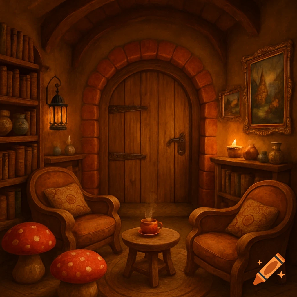 A cozy, painterly fantasy interior with a rounded wooden door, two armchairs, bookshelves, a steaming mug, and red spotted mushrooms.