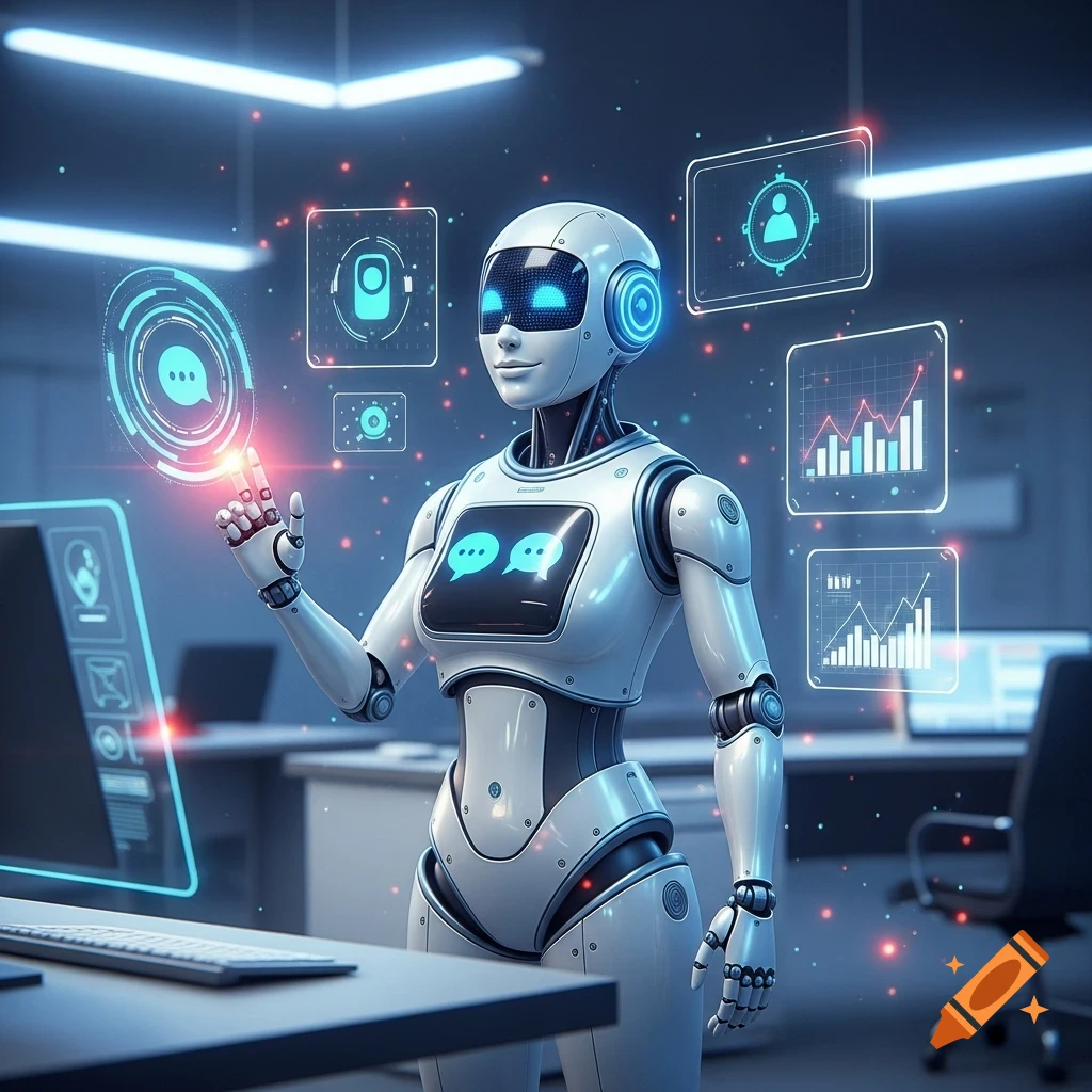 A white robot with glowing blue eyes and chest screen stands in a futuristic office, touching a holographic chat interface.