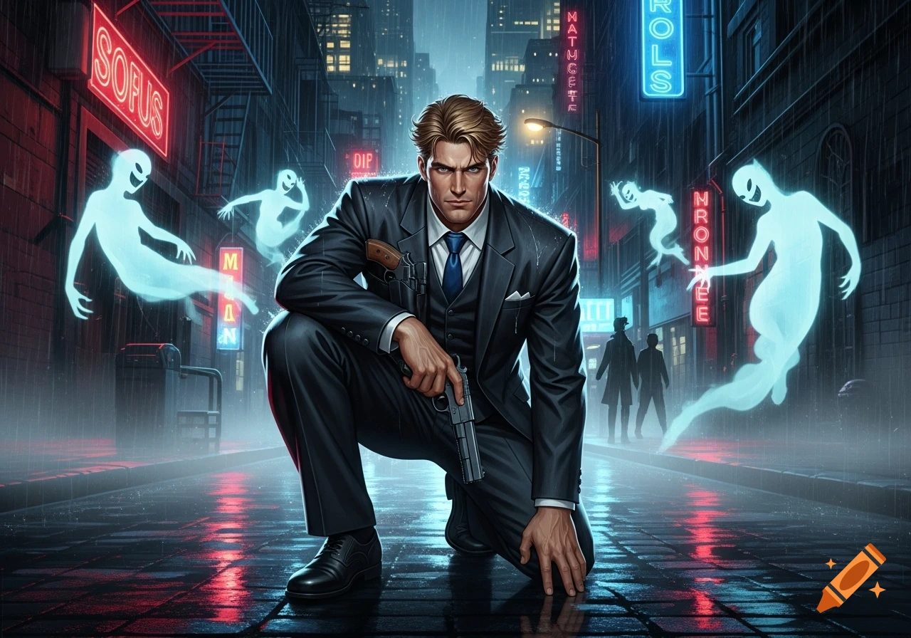 Handsome blonde man in a suit kneels on a wet city street with a pistol, surrounded by glowing ghosts and neon signs, comic art style.