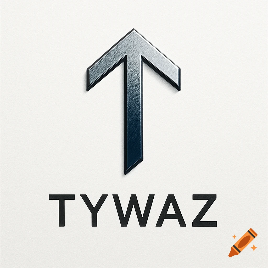 A dark metallic stylized arrow pointing up, with the word TYWAZ below it, on a white background.