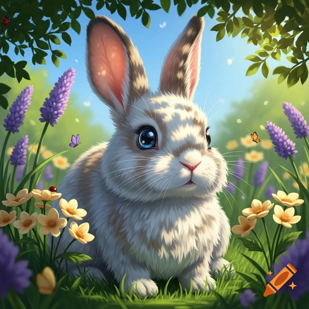 An adorable white and brown rabbit with blue eyes sits in a sunny ...