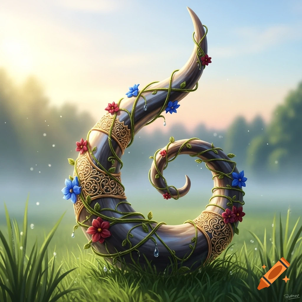 A large, dark spiraled horn with gold patterns, green vines, and red and blue flowers in dewy grass, bathed in soft morning light.