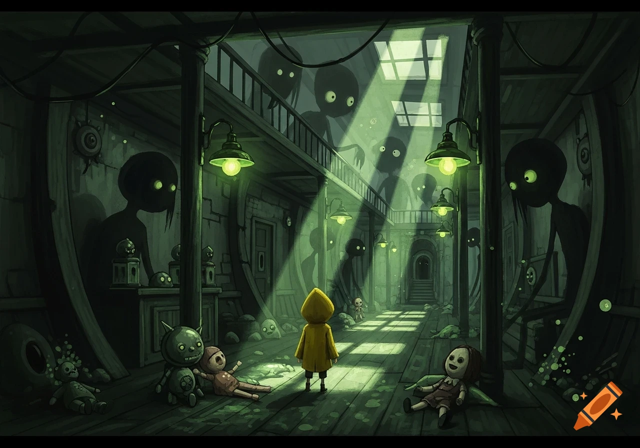 A child in a yellow raincoat stands in a dark, eerie hallway with shadowy figures and dolls, in a horror game art style.