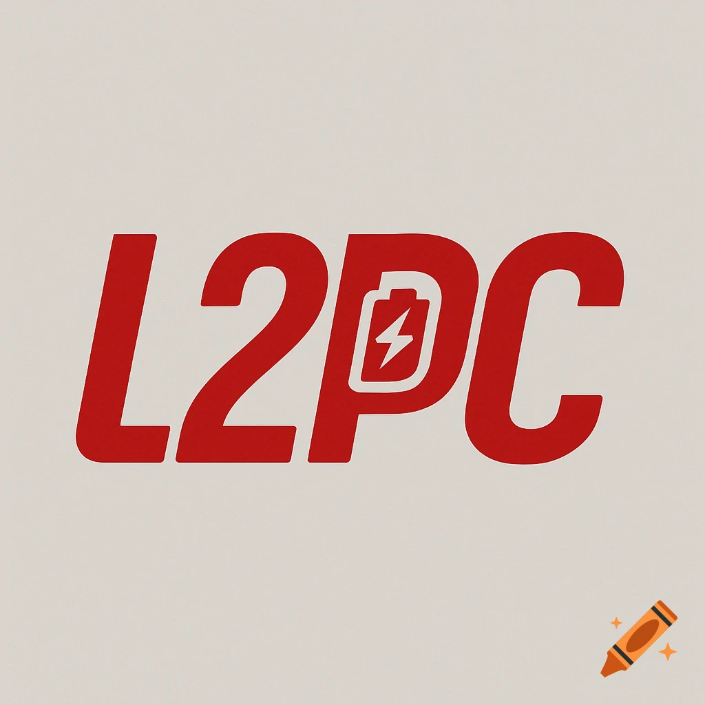 Red L2PC logo with a battery icon replacing the 'P' on a light gray background.