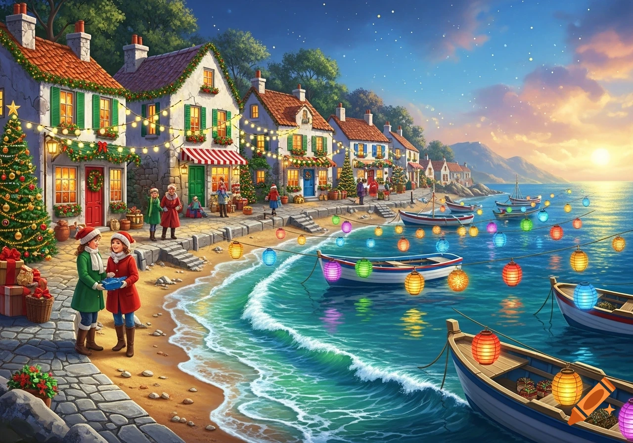 Vibrant illustration of a coastal village decorated for Christmas, with lights, boats, and children on the beach at sunset.