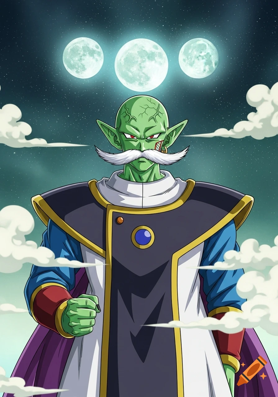 Anime style Namekian with a white mustache and green skin, standing under three moons at night.