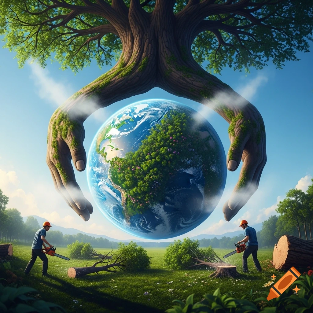 Giant tree-hands cradle Earth as two men cut down trees with chainsaws in a vibrant green field under a blue sky.