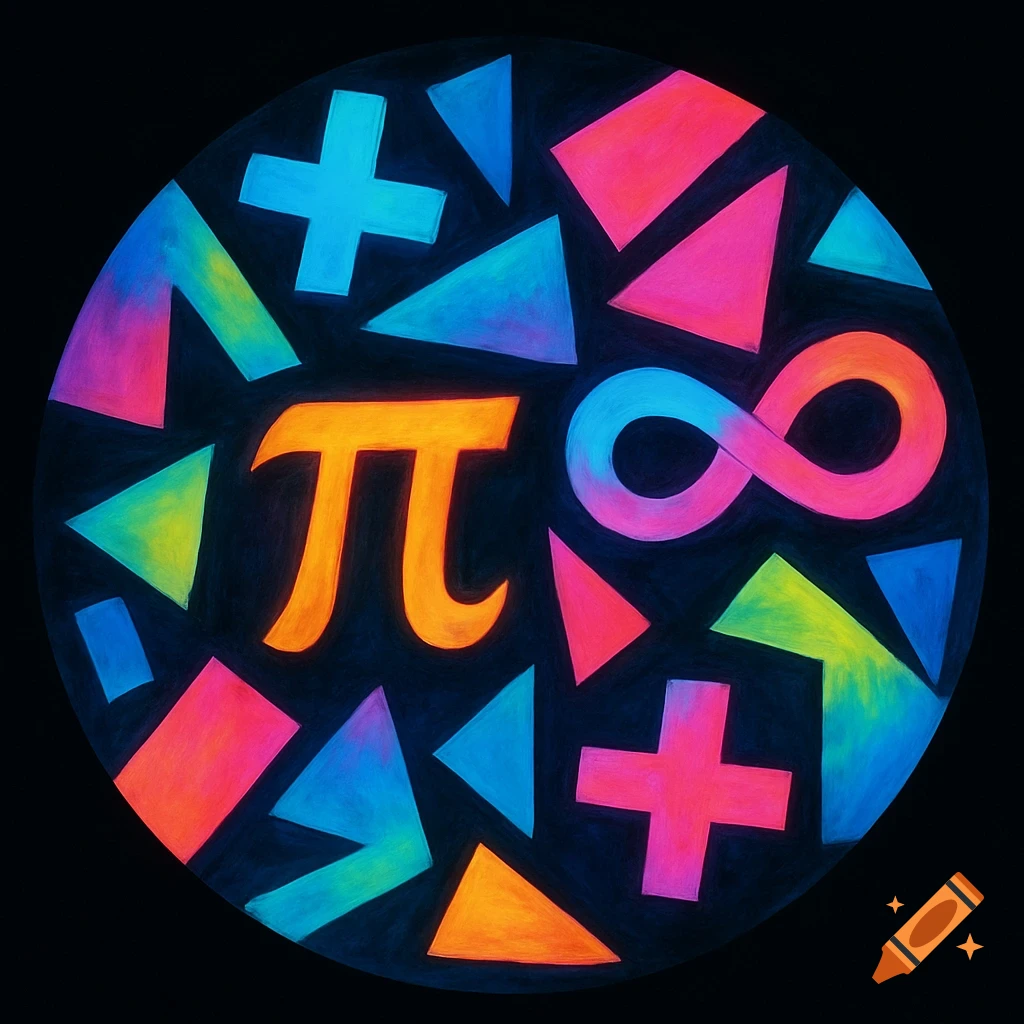 A vibrant neon abstract collage within a circle features geometric shapes and mathematical symbols like pi, infinity, and plus signs on a black background.