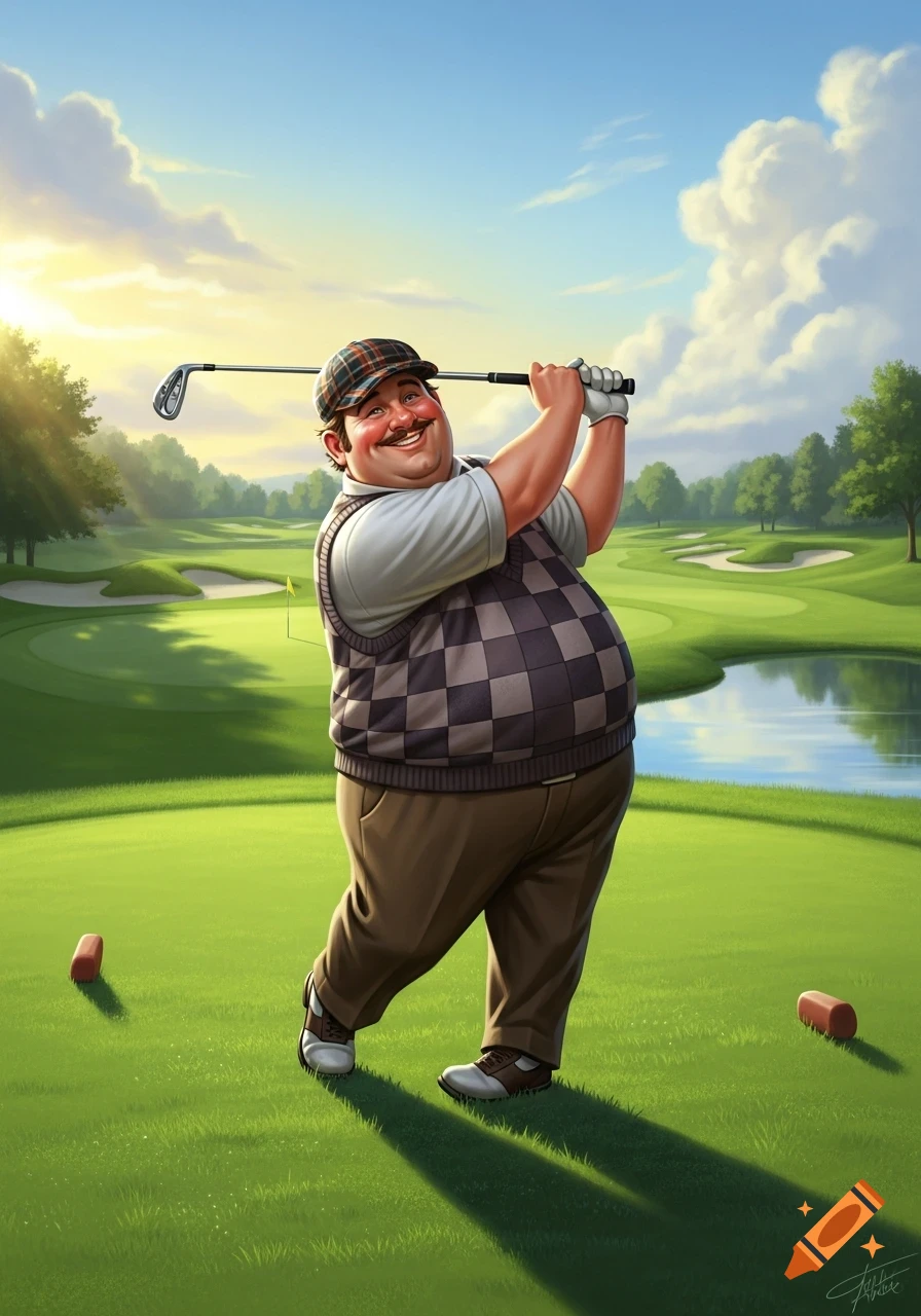 A smiling, cartoonishly portly man in a plaid hat and argyle vest swings a golf club on a bright green course.