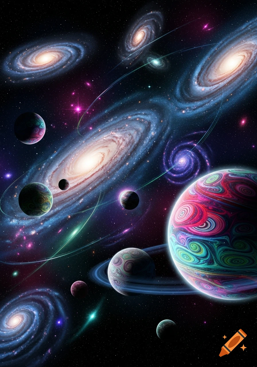 A vibrant, psychedelic space scene featuring multiple spiral galaxies, colorful planets, and bright stars in a dark cosmos.