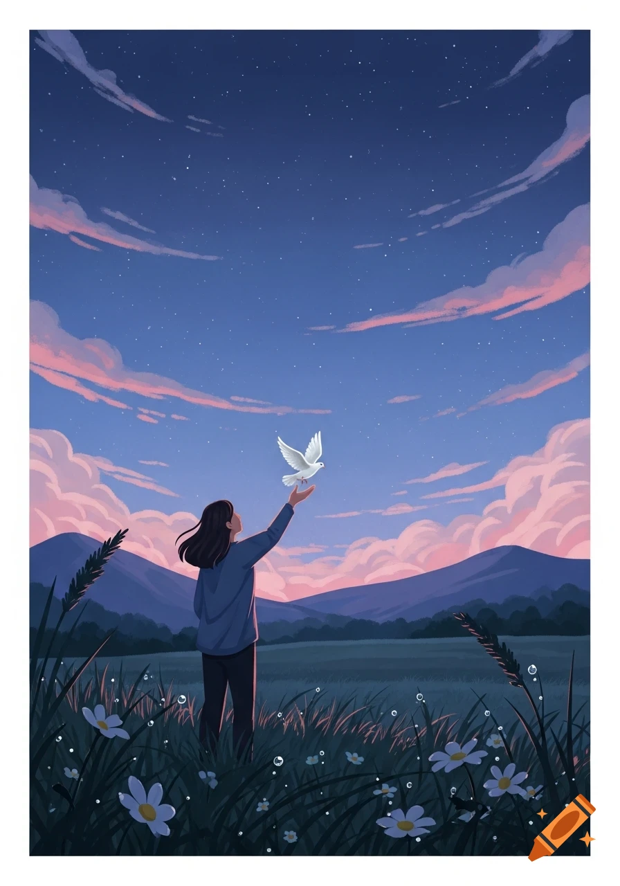 An illustrated woman in a field at dusk releases a white dove into a starry, cloud-filled sky above mountains.