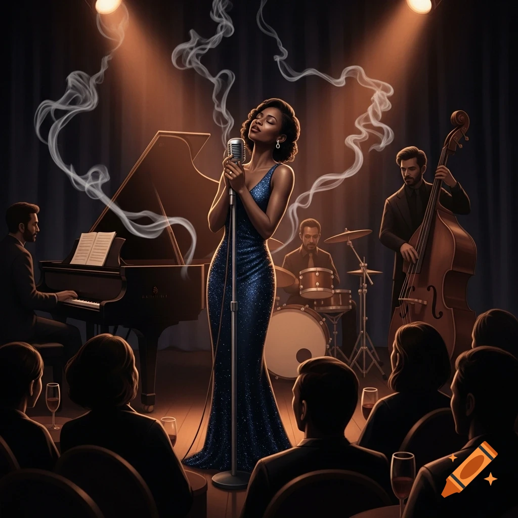 A Black female jazz singer in a sparkling blue dress performs at a cabaret, holding a microphone. She is backed by a pianist, drummer, and double bassist, all under warm spotlights and surrounded by audience silhouettes.