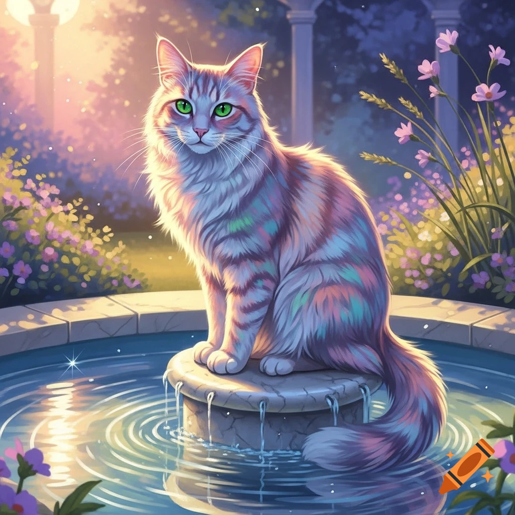 A colorful striped cat with bright green eyes sits on a stone fountain pedestal in a dreamy garden at sunset, surrounded by purple flowers.
