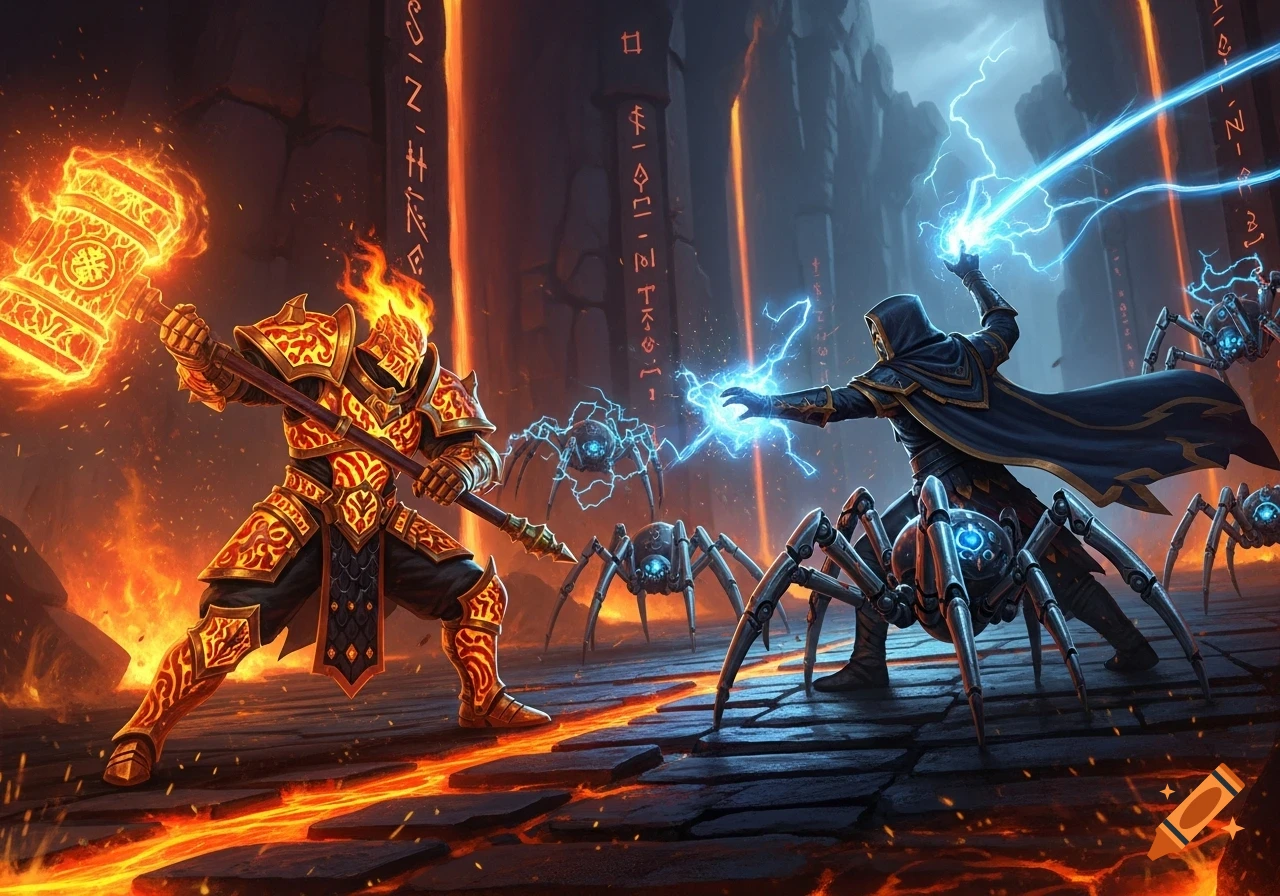 Fiery armored knight with a hammer battling a hooded magic-user with lightning, surrounded by mechanical spiders in a lava-filled fantasy realm.
