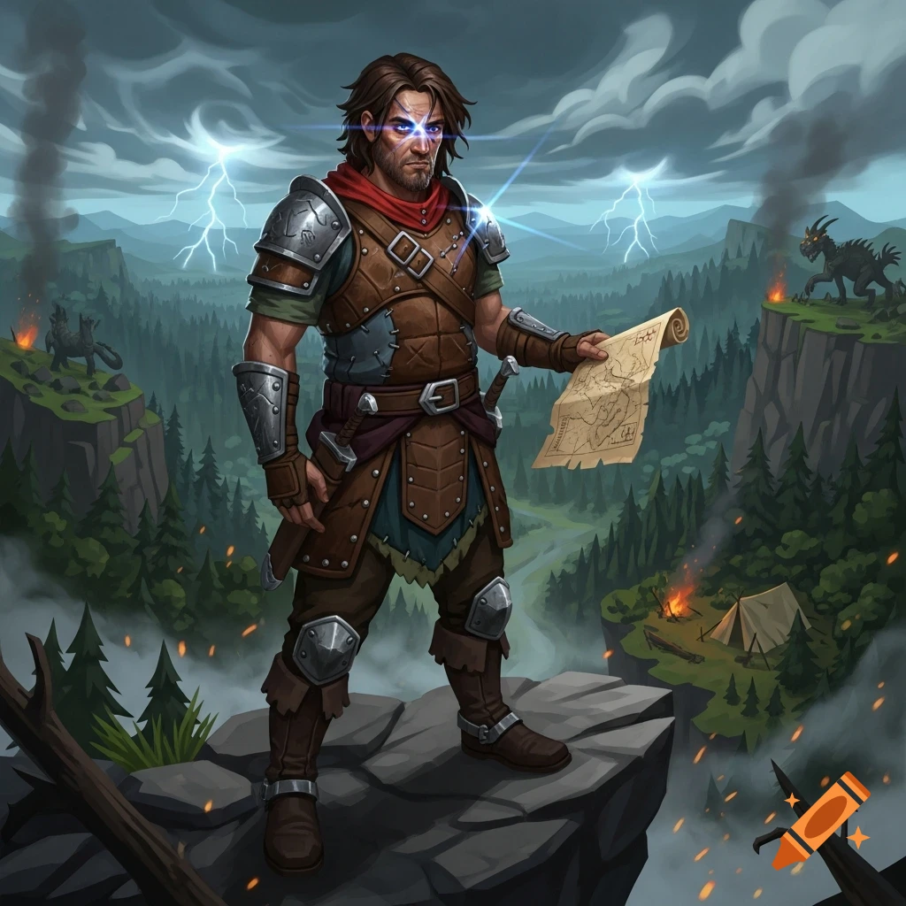 A rugged man in armor with glowing eyes stands on a cliff, holding a map, overlooking a stormy, forested valley with lightning and fires.