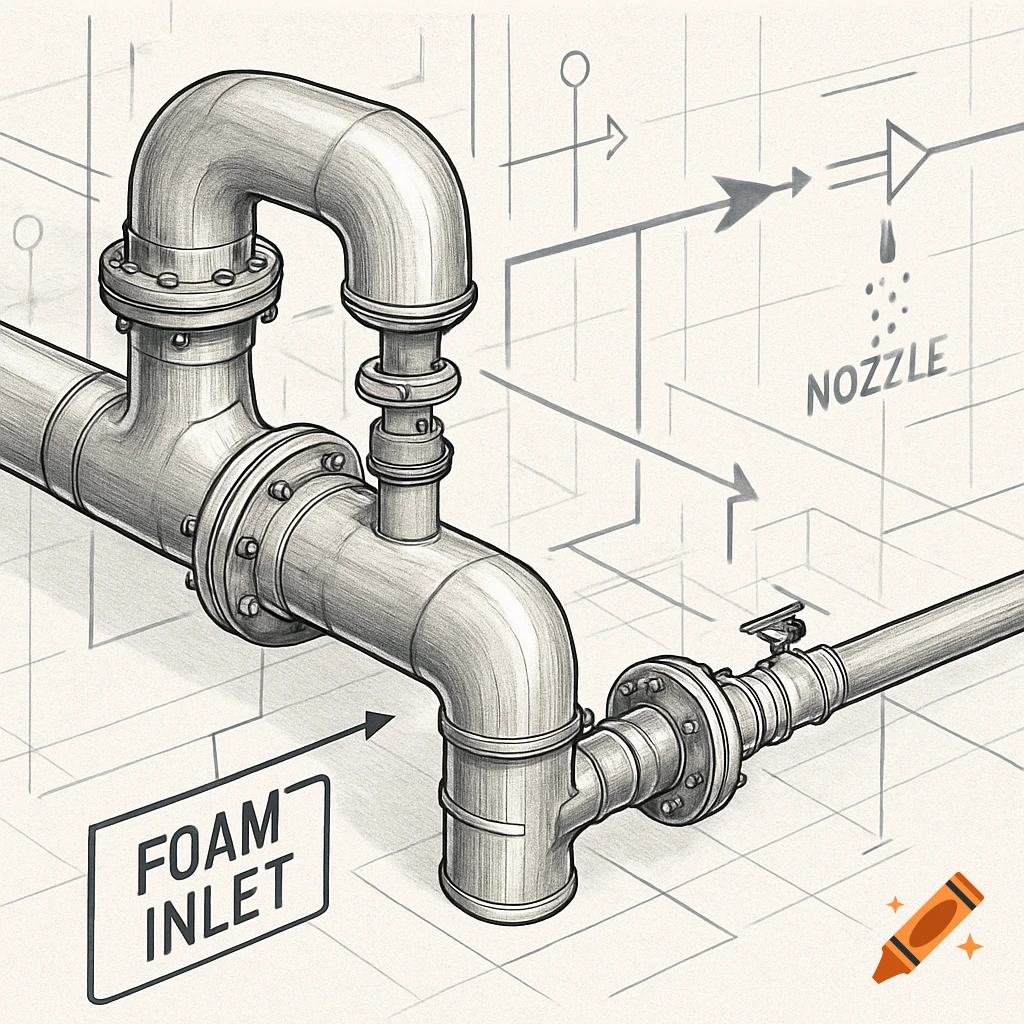 Isometric sketch of a pipe system with an inlet for foam and a nozzle, set against a grid background.