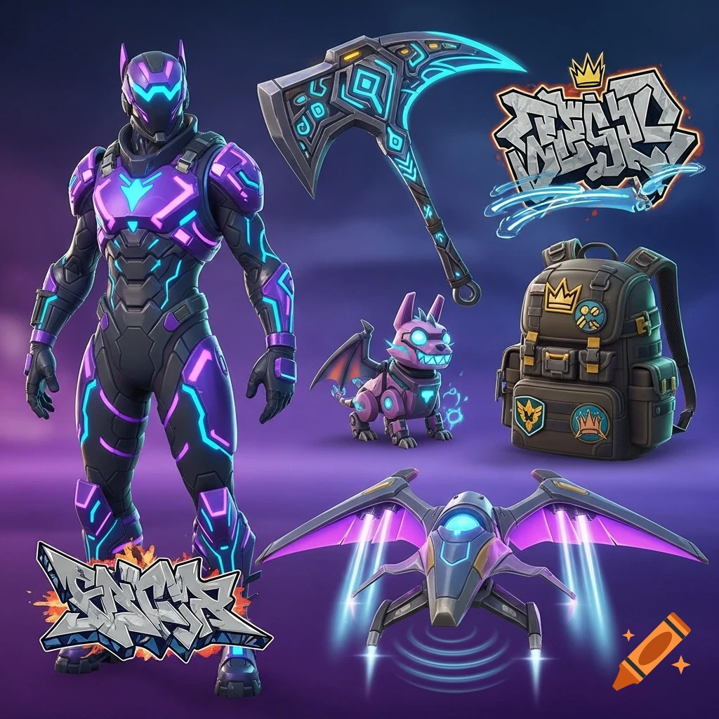 A collection of Fortnite-style items: a purple and black armored character, a glowing pickaxe, a winged pet, a backpack, and a futuristic glider.
