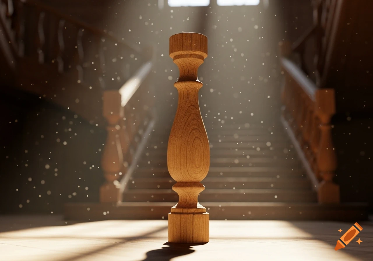 A detailed turned wooden baluster stands on a sunlit wooden floor, with a grand staircase and dust motes illuminated by light rays in the background.