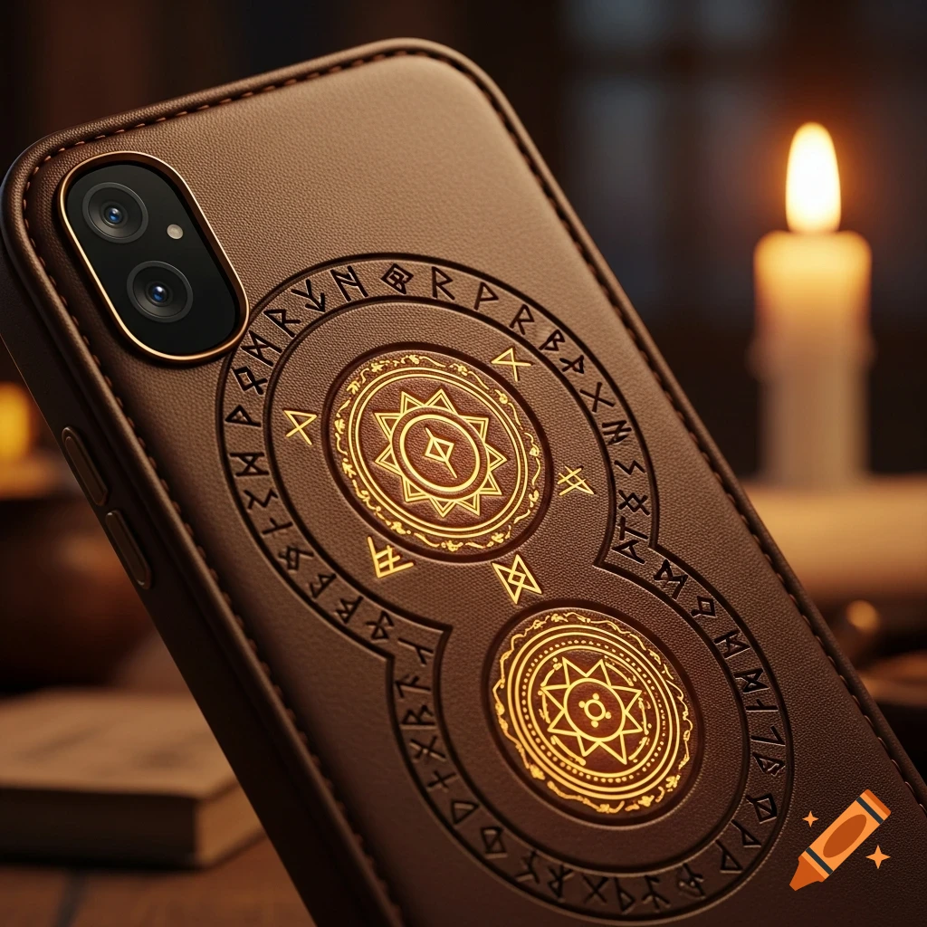 Close-up of a brown leather phone case embossed with glowing gold fantasy symbols and two circular designs, with a lit candle in the soft background.