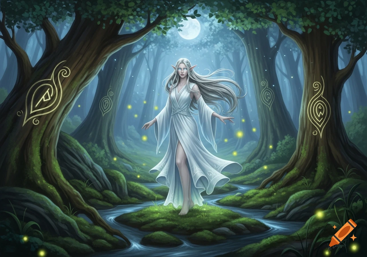 A white-haired elf woman in a flowing white dress stands in a mystical moonlit forest with glowing runes on trees and a stream.